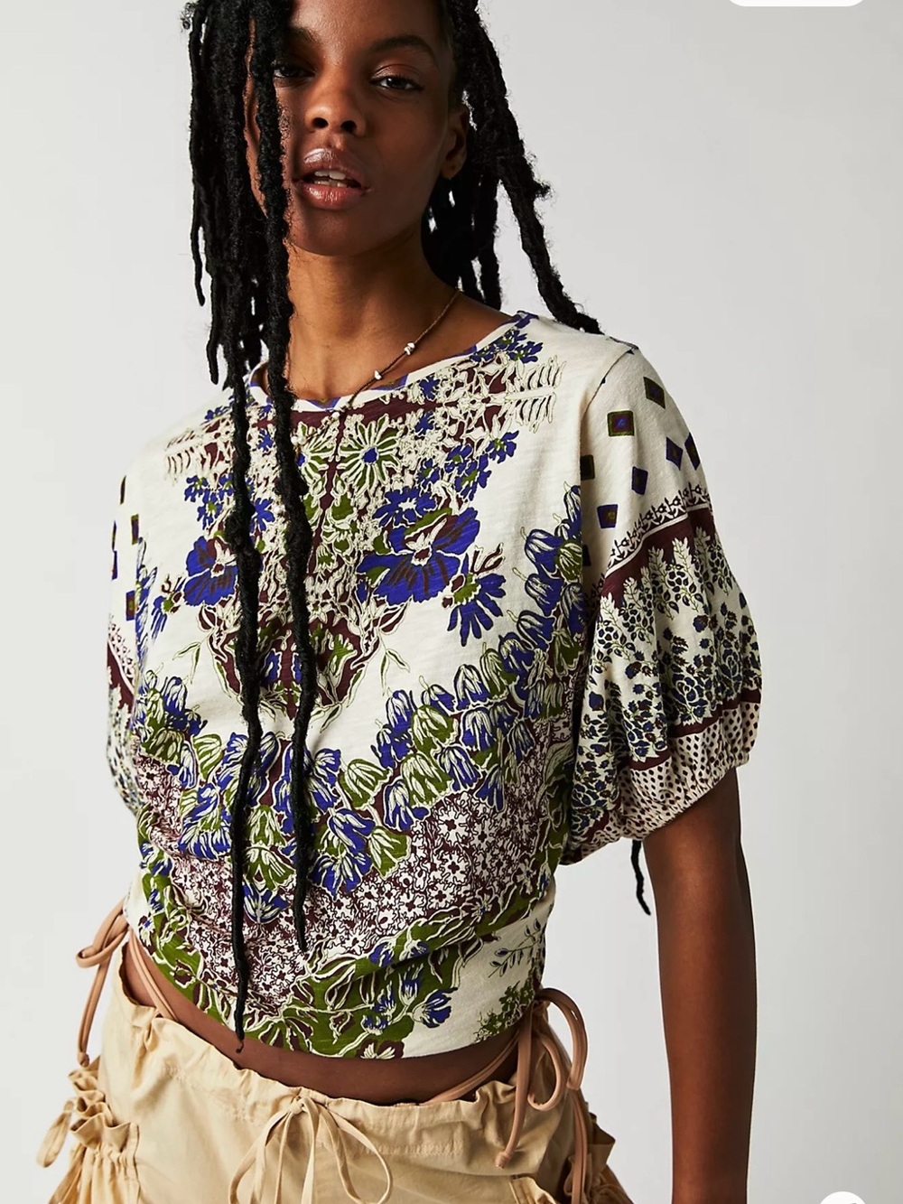 Free People Floral Puff-Sleeve Top in Cream, Blue & Olive
